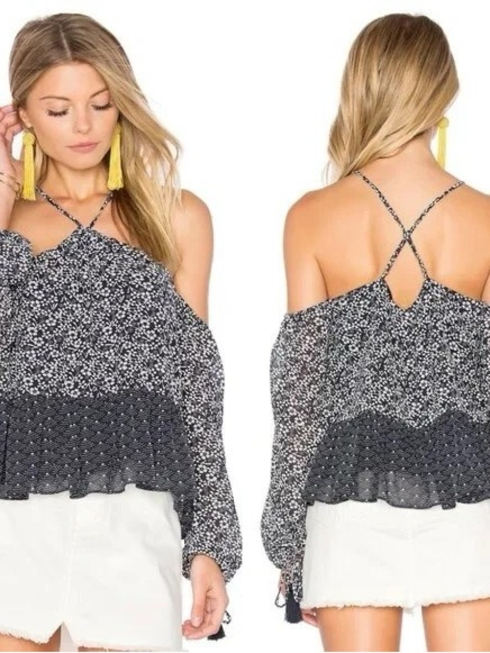 Tularosa Black & White Floral Cold-Shoulder Blouse